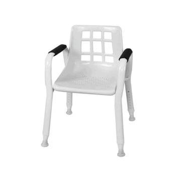 A white oval tube shower chair with a perforated plastic seat, metal frame, and adjustable height legs (Image 1).