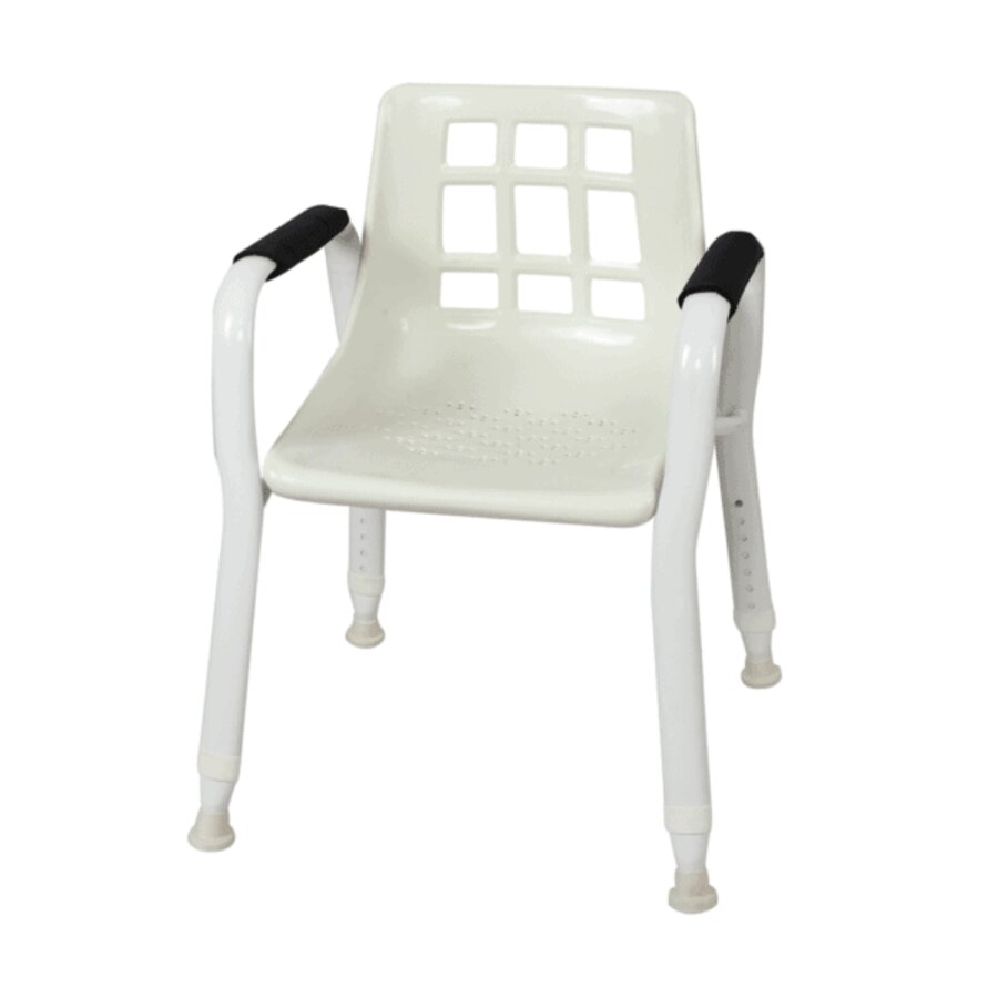 A white oval tube shower chair with a perforated plastic seat, metal frame, and adjustable height legs (Image 2).