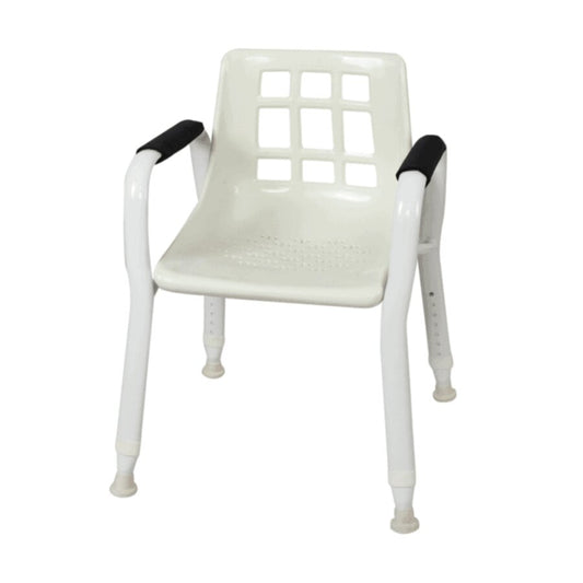 A white oval tube shower chair with a perforated plastic seat, metal frame, and adjustable height legs (Image 2).