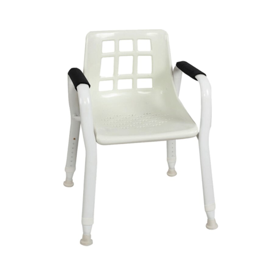 A white oval tube shower chair with a perforated plastic seat, metal frame, and adjustable height legs (Image 3).