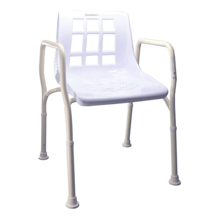 A white shower chair with armrests and non-slip feet, designed for use in a shower setting.