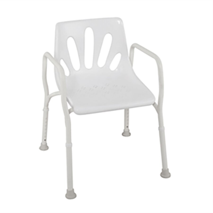 A white shower chair with a rigid seat made from high-quality plastic, anti-slip rubber tips, and height-adjustable legs made from powder-coated aluminium (Image 1).