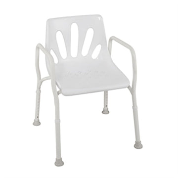 A white shower chair with a rigid seat made from high-quality plastic, anti-slip rubber tips, and height-adjustable legs made from powder-coated aluminium (Image 1).