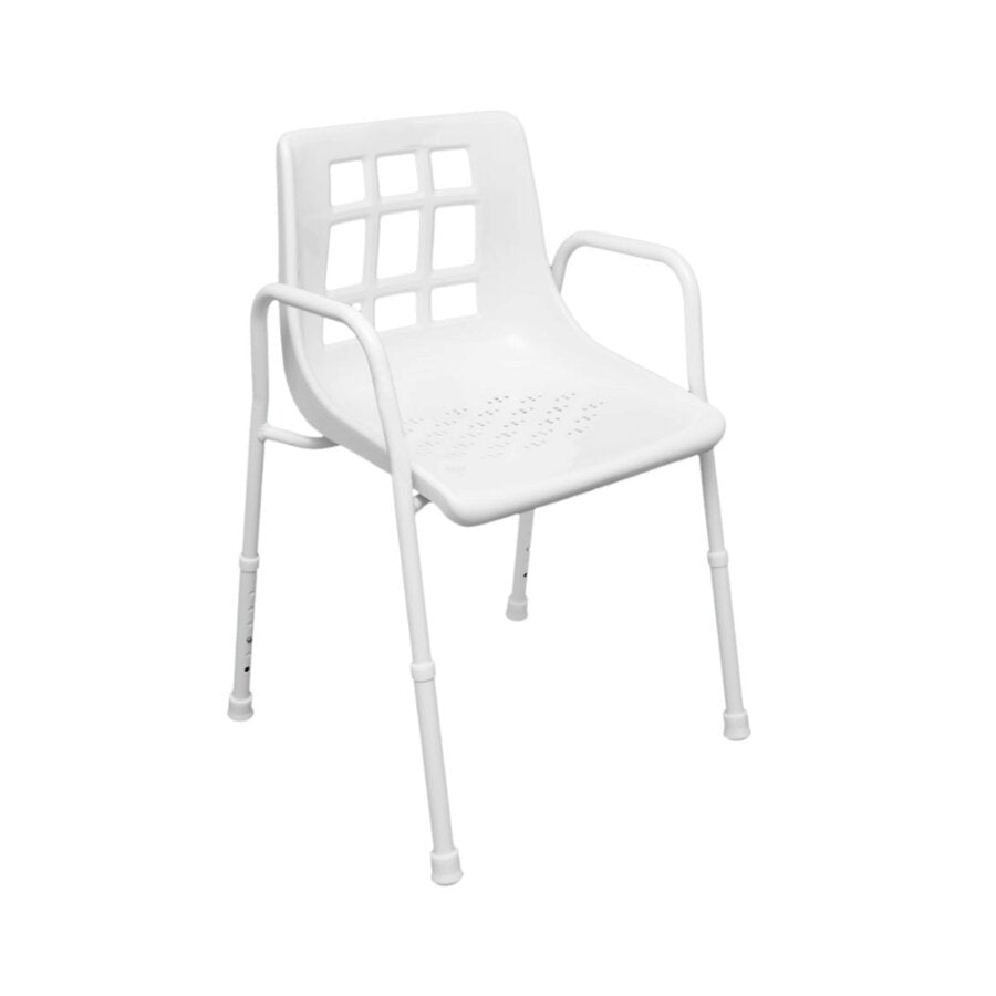 A white shower chair with a rigid seat made from high-quality plastic, anti-slip rubber tips, and height-adjustable legs made from powder-coated aluminium (Image 2).