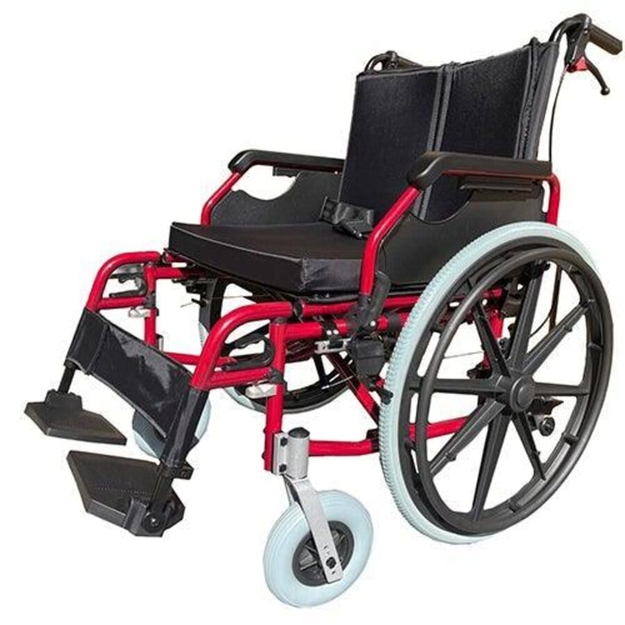A red and black G6 Excel Bariatric wheelchair with a wide seat and drum brakes (Image 2).