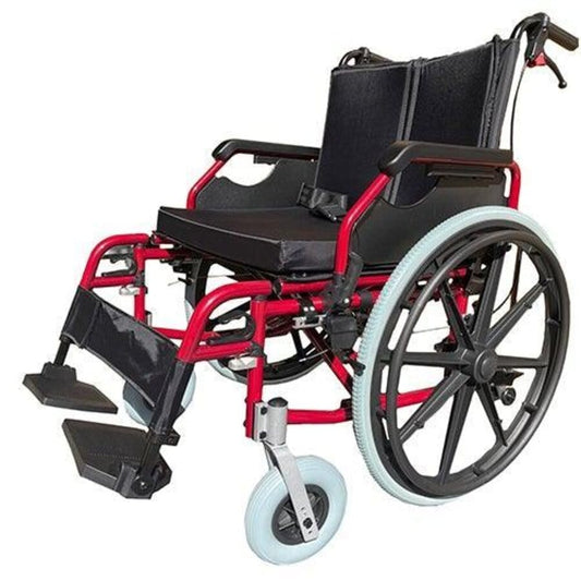 A red and black G6 Excel Bariatric wheelchair with a wide seat and drum brakes (Image 2).