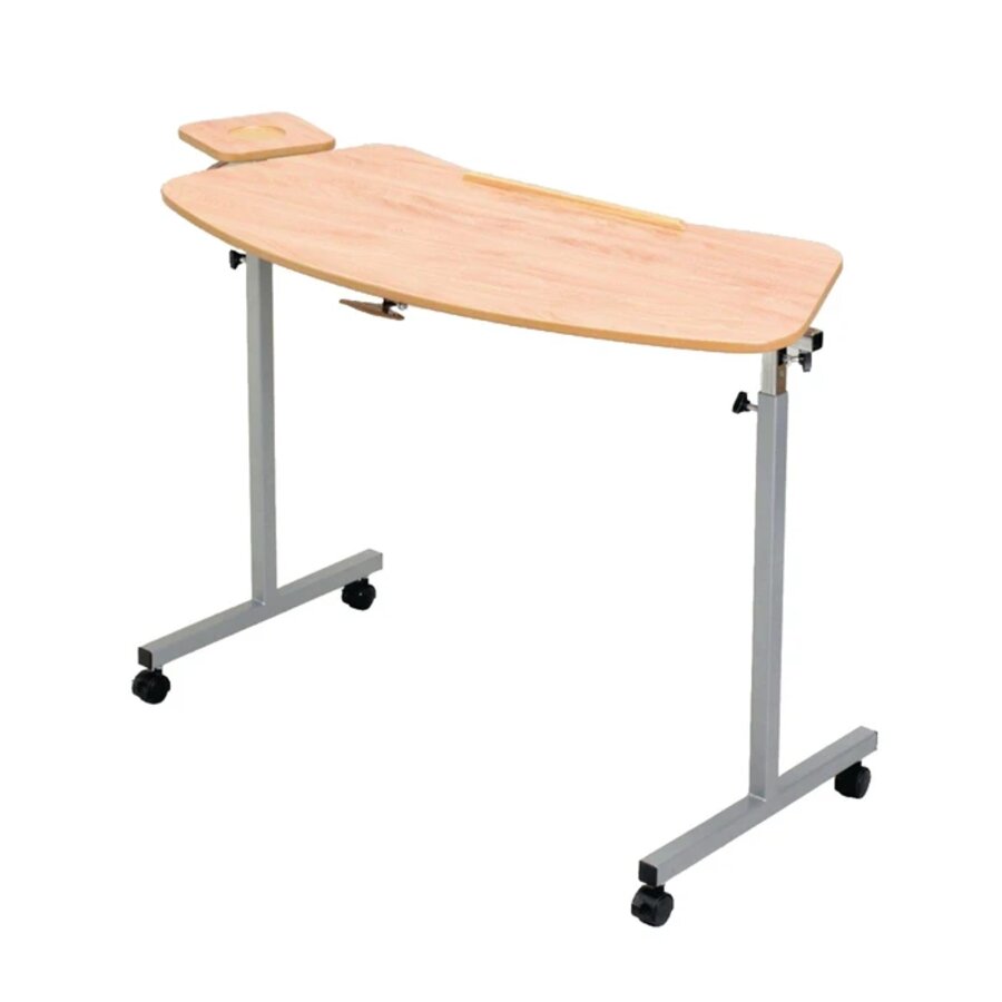 A wooden over armchair tilting table with a steel frame and a cushioned armrest, equipped with castors for mobility from Adaptive Equipment (Image 2).