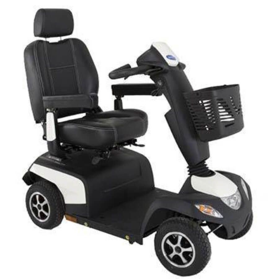 A compact and lightweight mobility scooter with a black and white colour scheme, including a comfortable seat, suspension system, and a full lights package from Adaptive Equipment (Image 1).