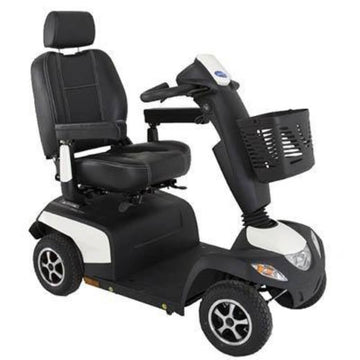 A compact and lightweight mobility scooter with a black and white colour scheme, including a comfortable seat, suspension system, and a full lights package from Adaptive Equipment (Image 1).