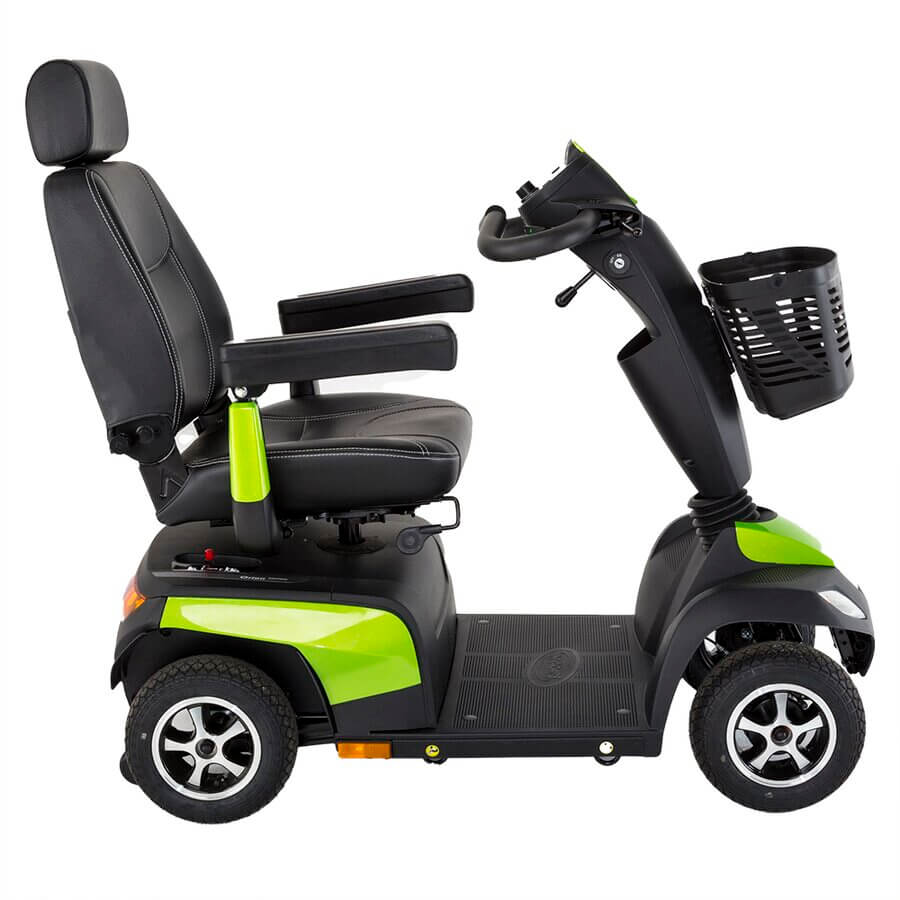 A compact and lightweight mobility scooter with a black and white colour scheme, including a comfortable seat, suspension system, and a full lights package from Adaptive Equipment (Image 2).