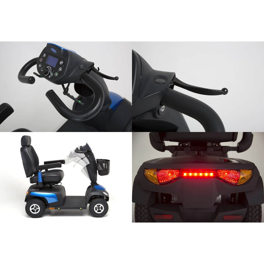 A compact and lightweight mobility scooter with a black and white colour scheme, including a comfortable seat, suspension system, and a full lights package from Adaptive Equipment (Image 3).