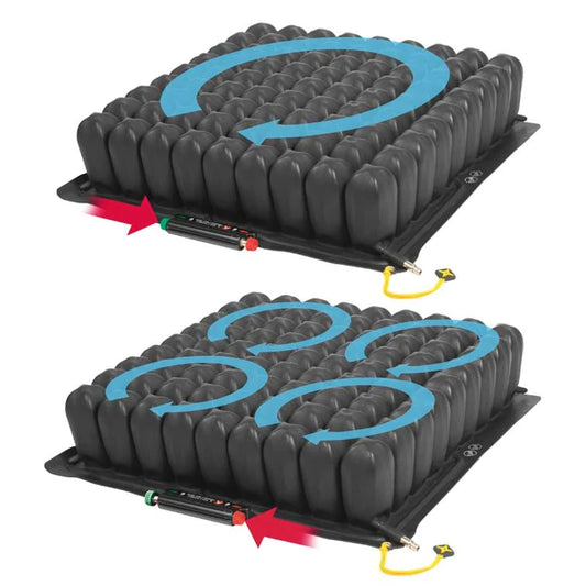 A black wheelchair cushion with multiple inflated sections and a branded label showing 'The Quadtro Select'. (Image 2)
