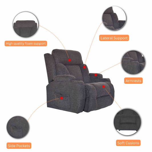Gray recliner chair with highlighted features on a white background