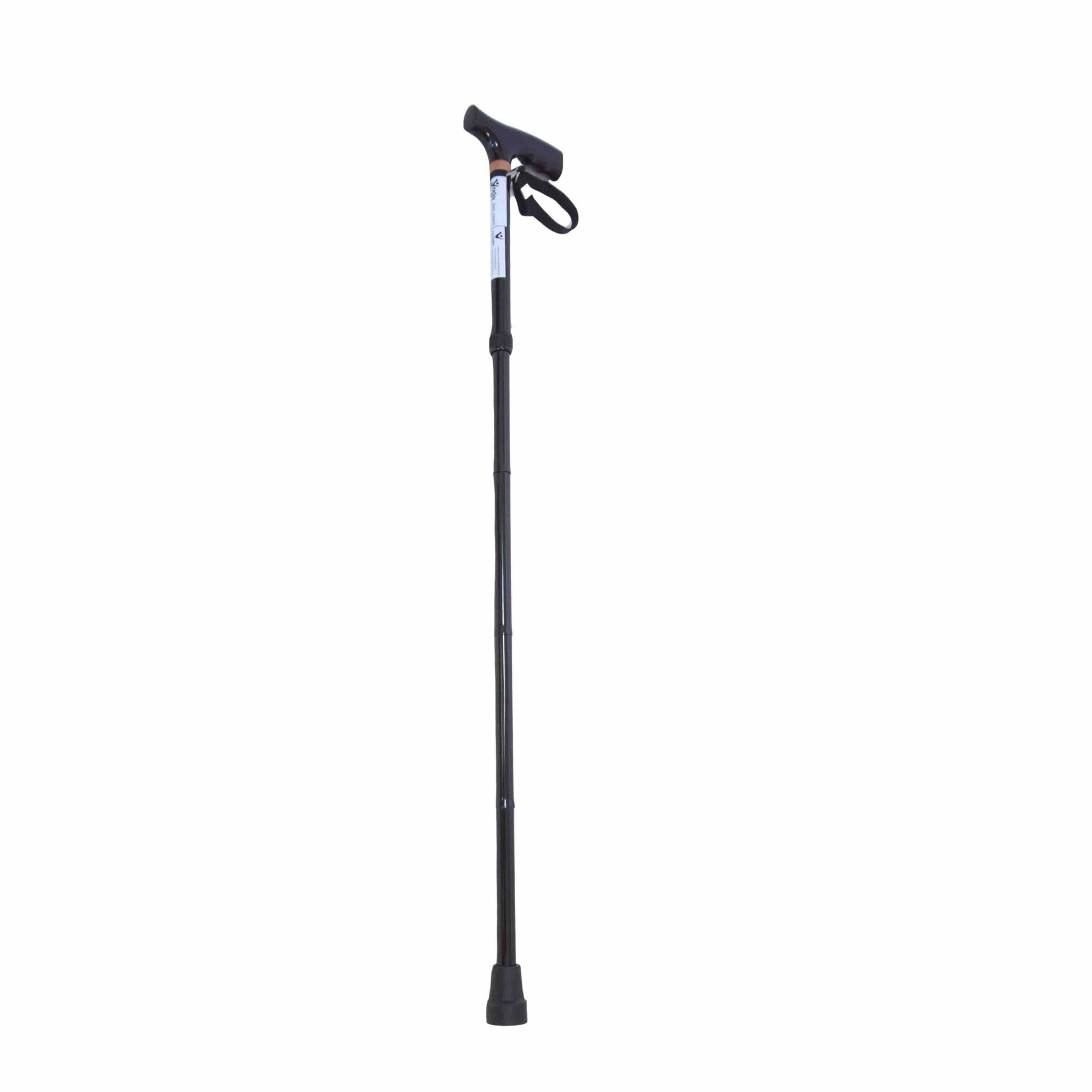 Lightweight black adjustable walking cane on a white background