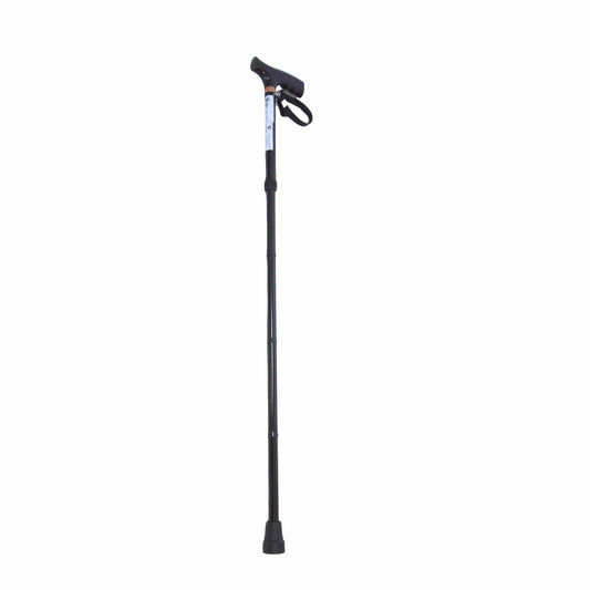 Lightweight black adjustable walking cane on a white background