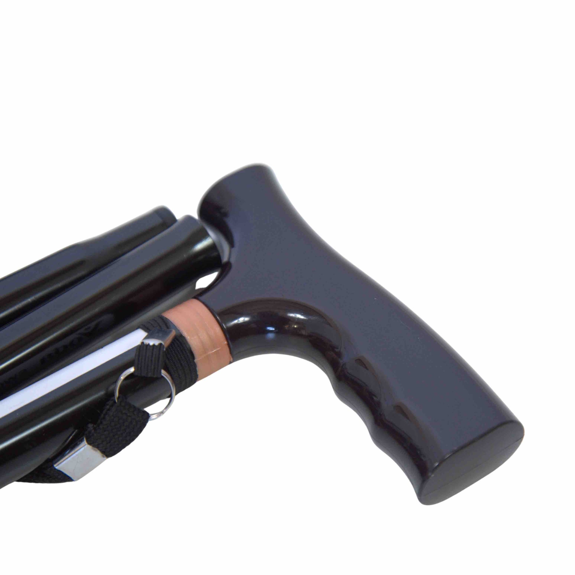 Close-up of a lightweight foldable black walking cane with a white background