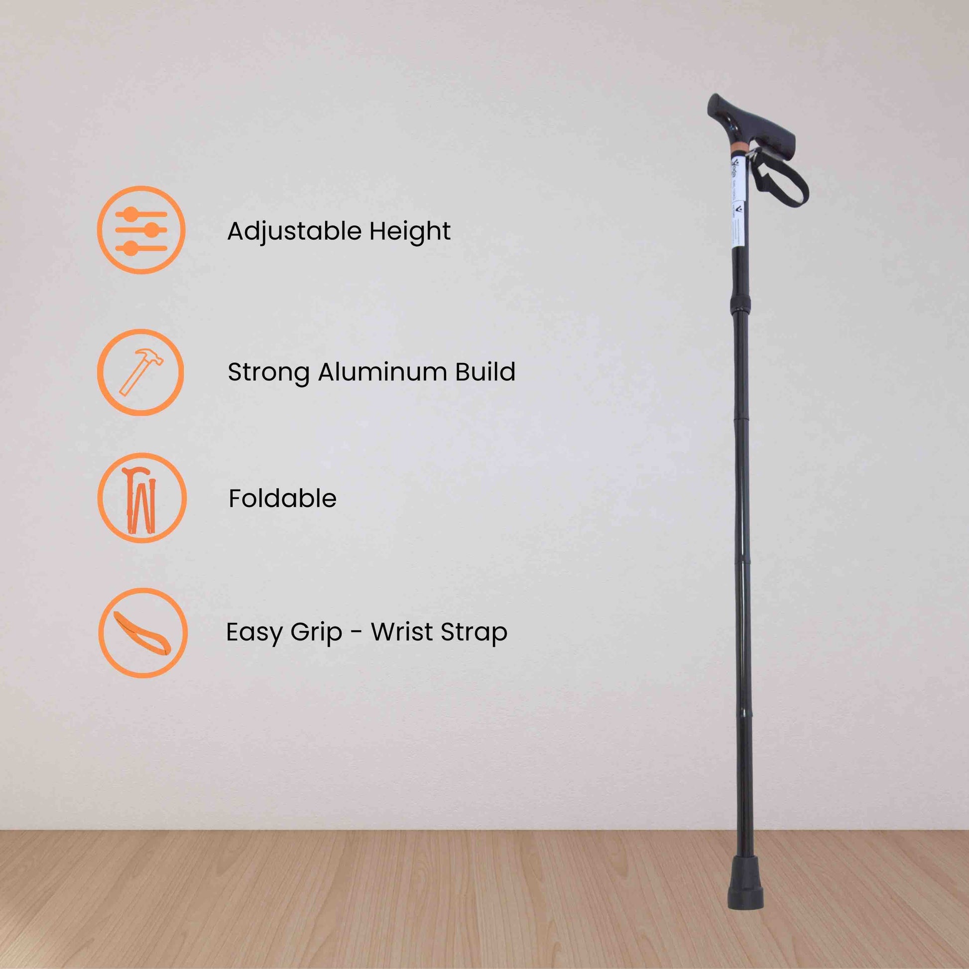 Lightweight black adjustable walking stick with features listed on a light gray background