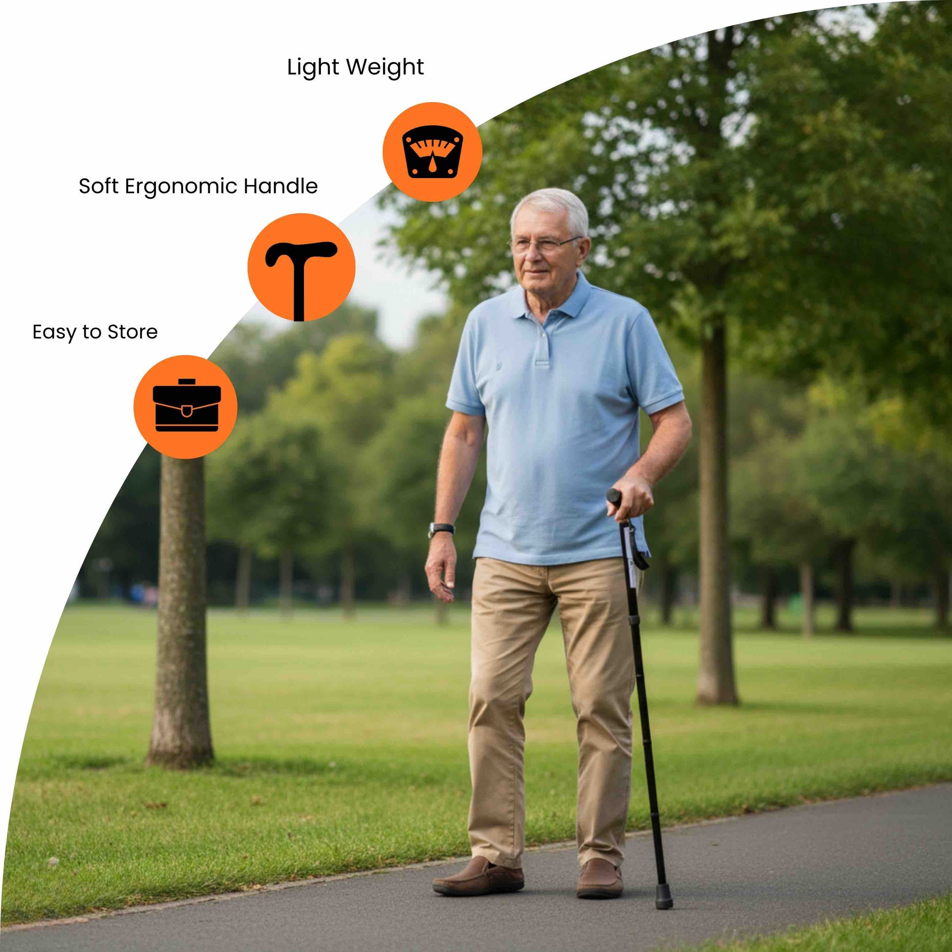 An old man walking with a lightweight foldable walking stick in a park, highlighting features like light weight, soft ergonomic handle, and easy to store.