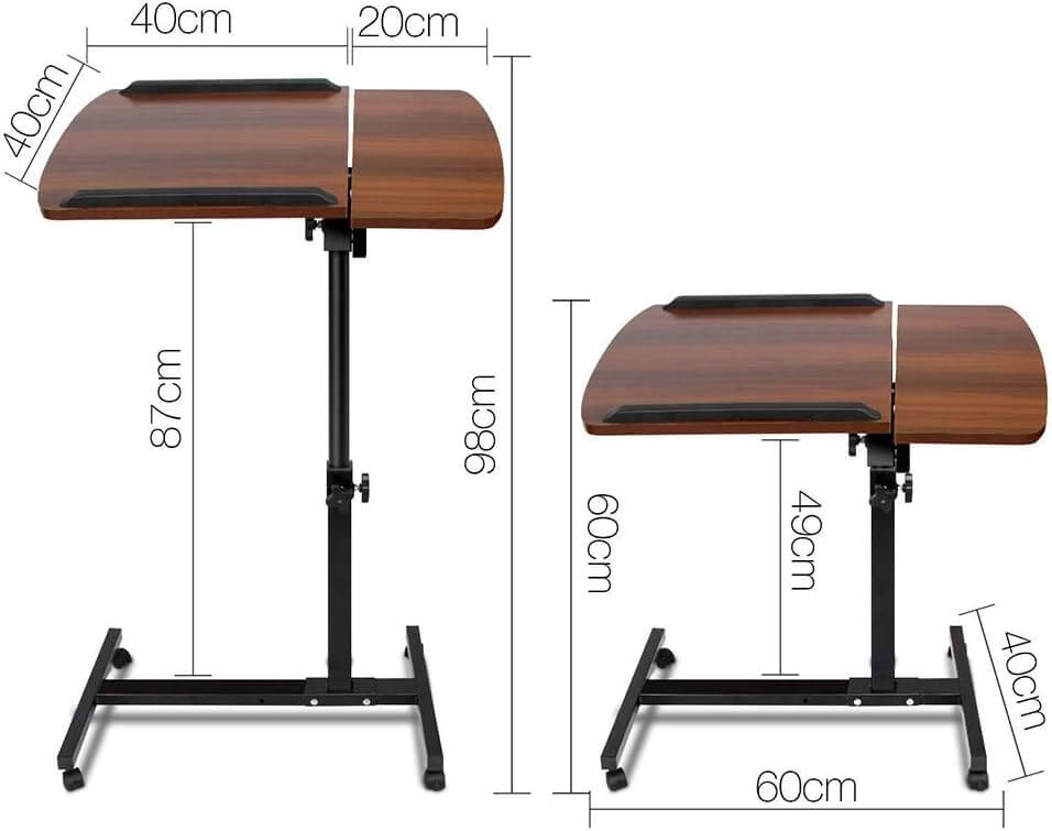 Adjustable overbed table with a brown wooden split top and a black metal frame with wheels - Over Bed Table with Split Top | Adaptive Equipment (Image 2).