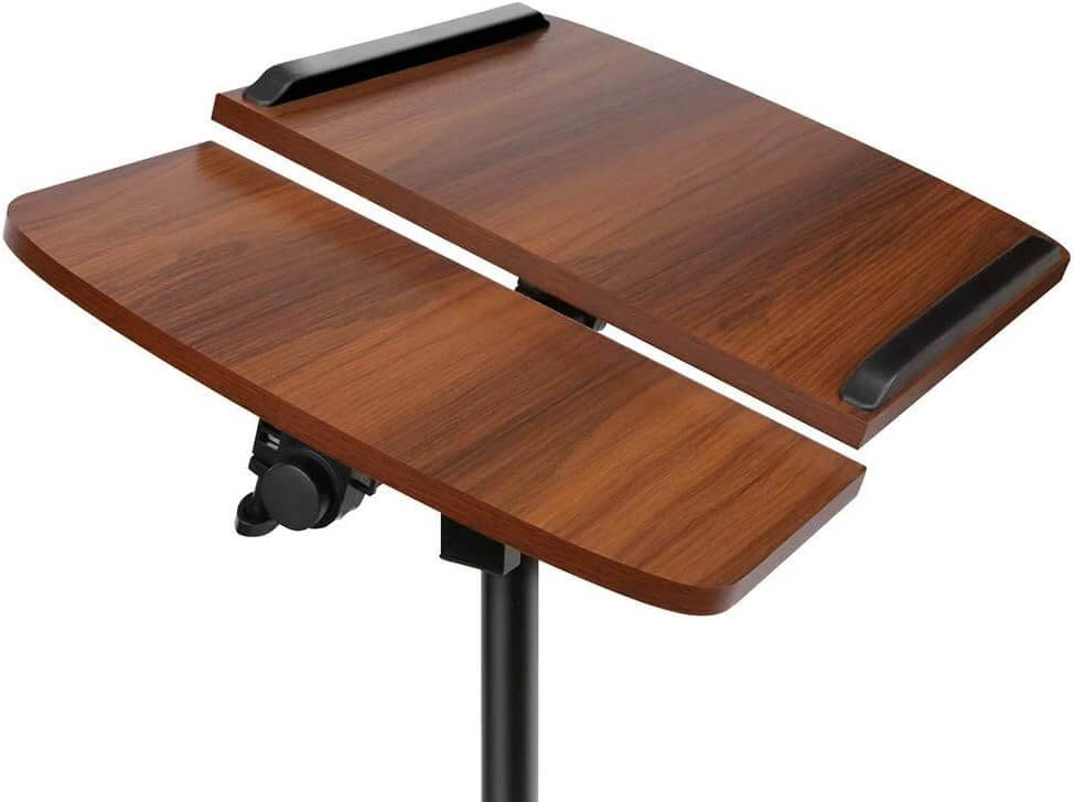 Adjustable overbed table with a brown wooden split top and a black metal frame with wheels - Over Bed Table with Split Top | Adaptive Equipment (Image 3).