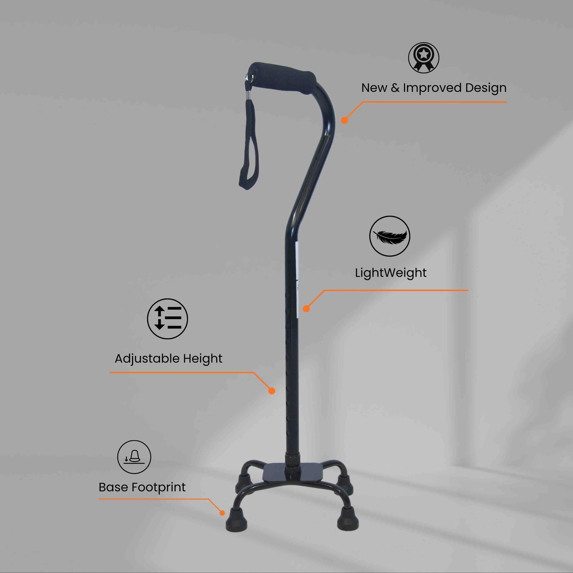 Swan neck quad based black cane with features highlighted on a gray background
