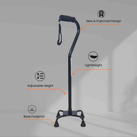Swan neck quad based black cane with features highlighted on a gray background