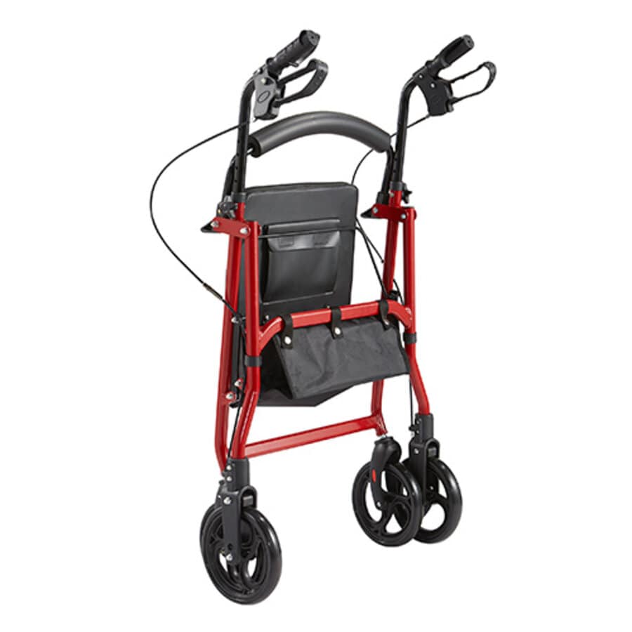 A red four-wheeled walker with a grey seat and black hand brakes (Folded)