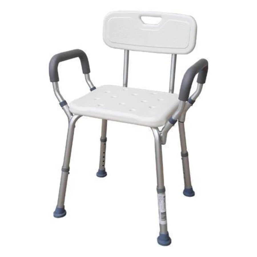 A shower chair with a detachable backrest, made of anodised aluminium with a plastic seat, featuring removable armrests and large non-slip feet (Image 1).