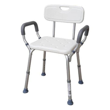A shower chair with a detachable backrest, made of anodised aluminium with a plastic seat, featuring removable armrests and large non-slip feet (Image 1).