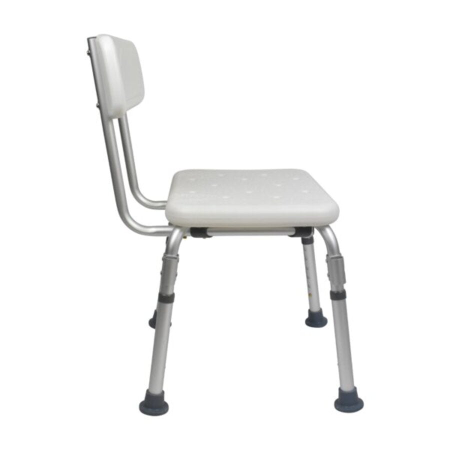 A shower chair with a detachable backrest, made of anodised aluminium with a plastic seat, featuring removable armrests and large non-slip feet (Image 2).