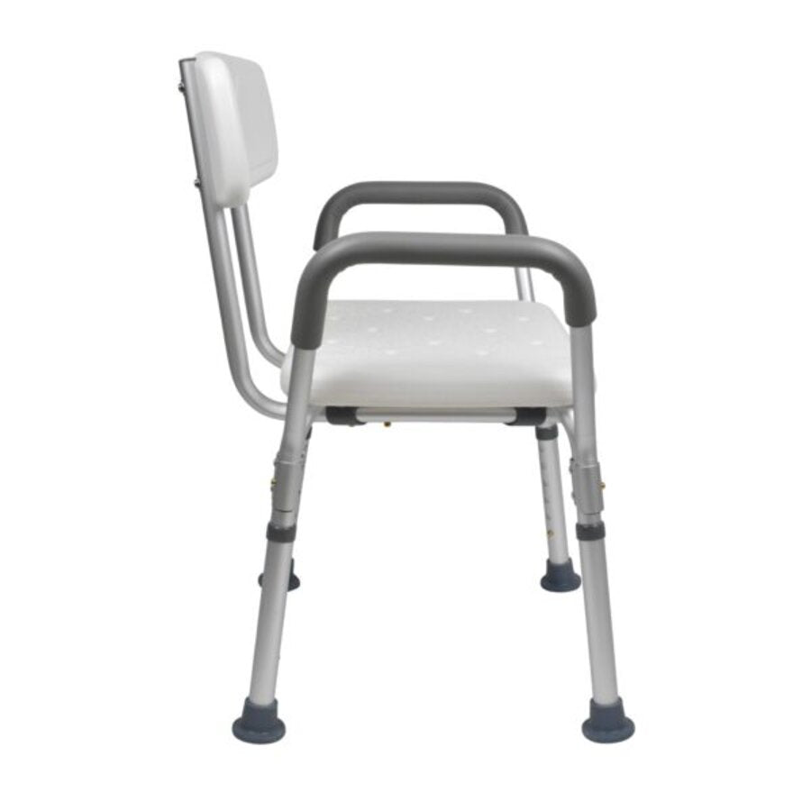 A shower chair with a detachable backrest, made of anodised aluminium with a plastic seat, featuring removable armrests and large non-slip feet (Image 3).