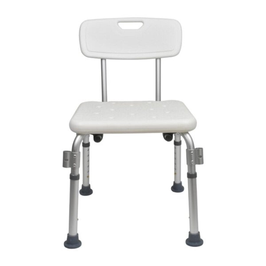 A shower chair with a detachable backrest, made of anodised aluminium with a plastic seat, featuring removable armrests and large non-slip feet (Image 4).