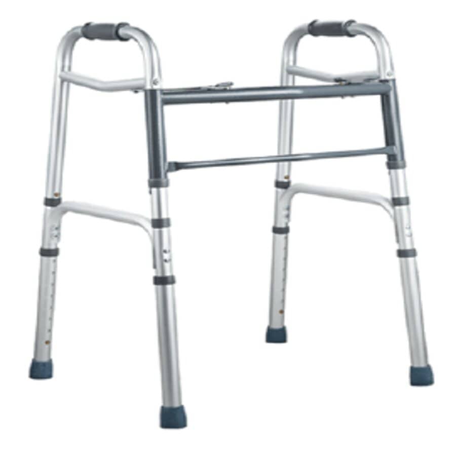 A side folding walking frame made of aluminum, with black hand grips and tips on the legs for stability (Image 2).