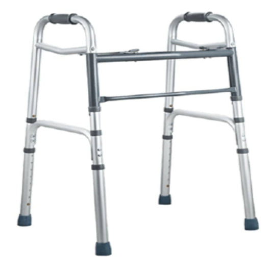 A side folding walking frame made of aluminum, with black hand grips and tips on the legs for stability (Image 2).