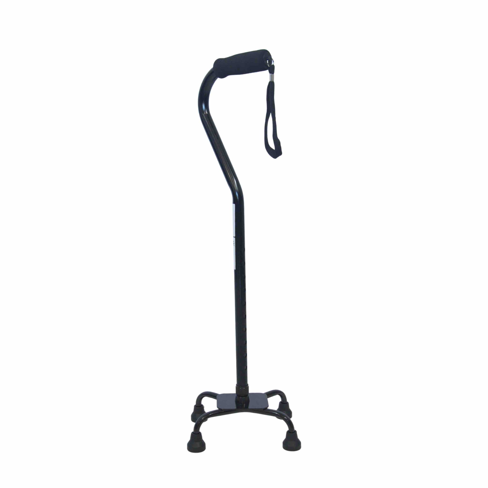 Swan neck quad based black walking stick with a adjustable handle on a white background