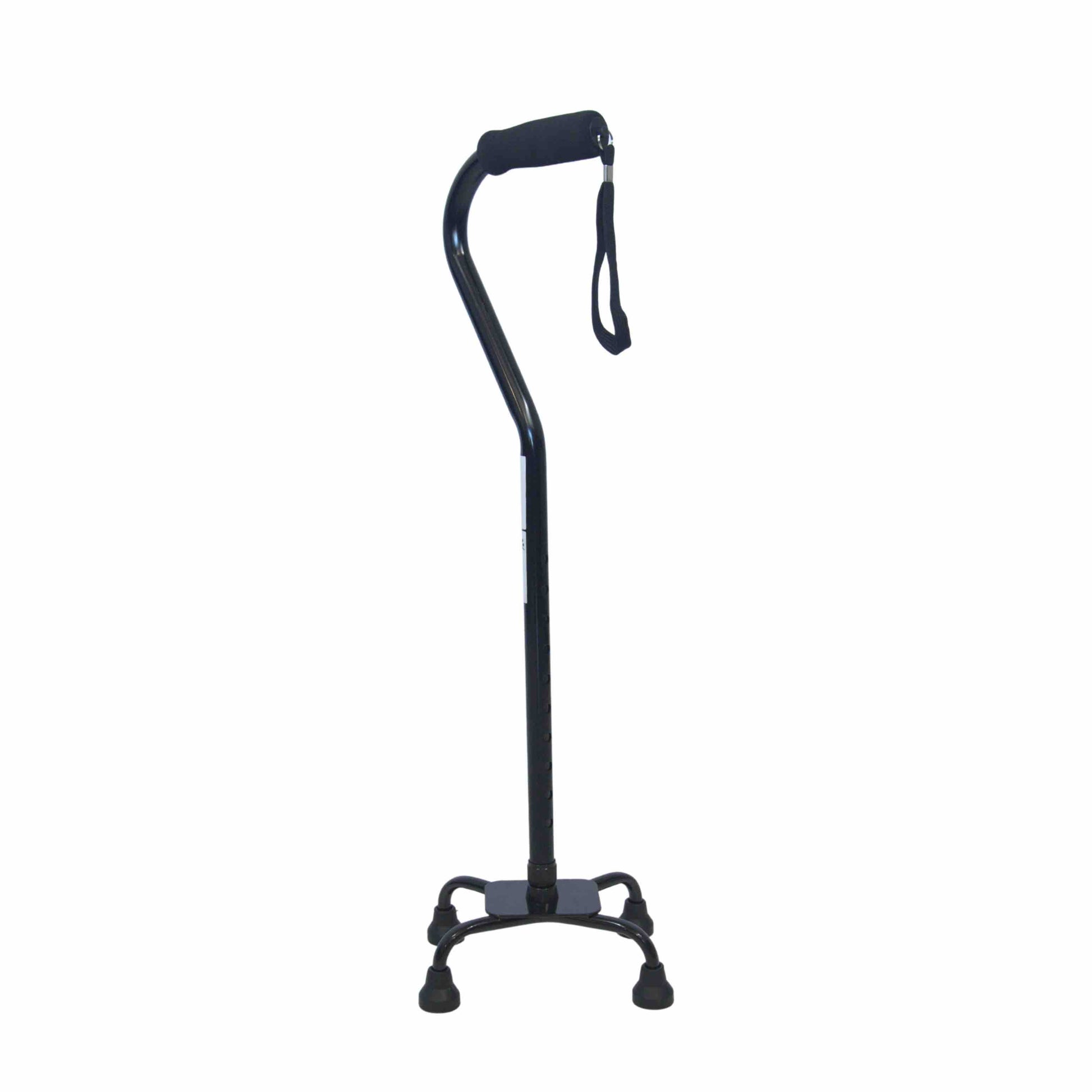 Swan neck quad based black walking stick with a adjustable handle on a white background