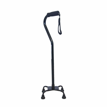 Swan neck quad based black walking stick with a adjustable handle on a white background