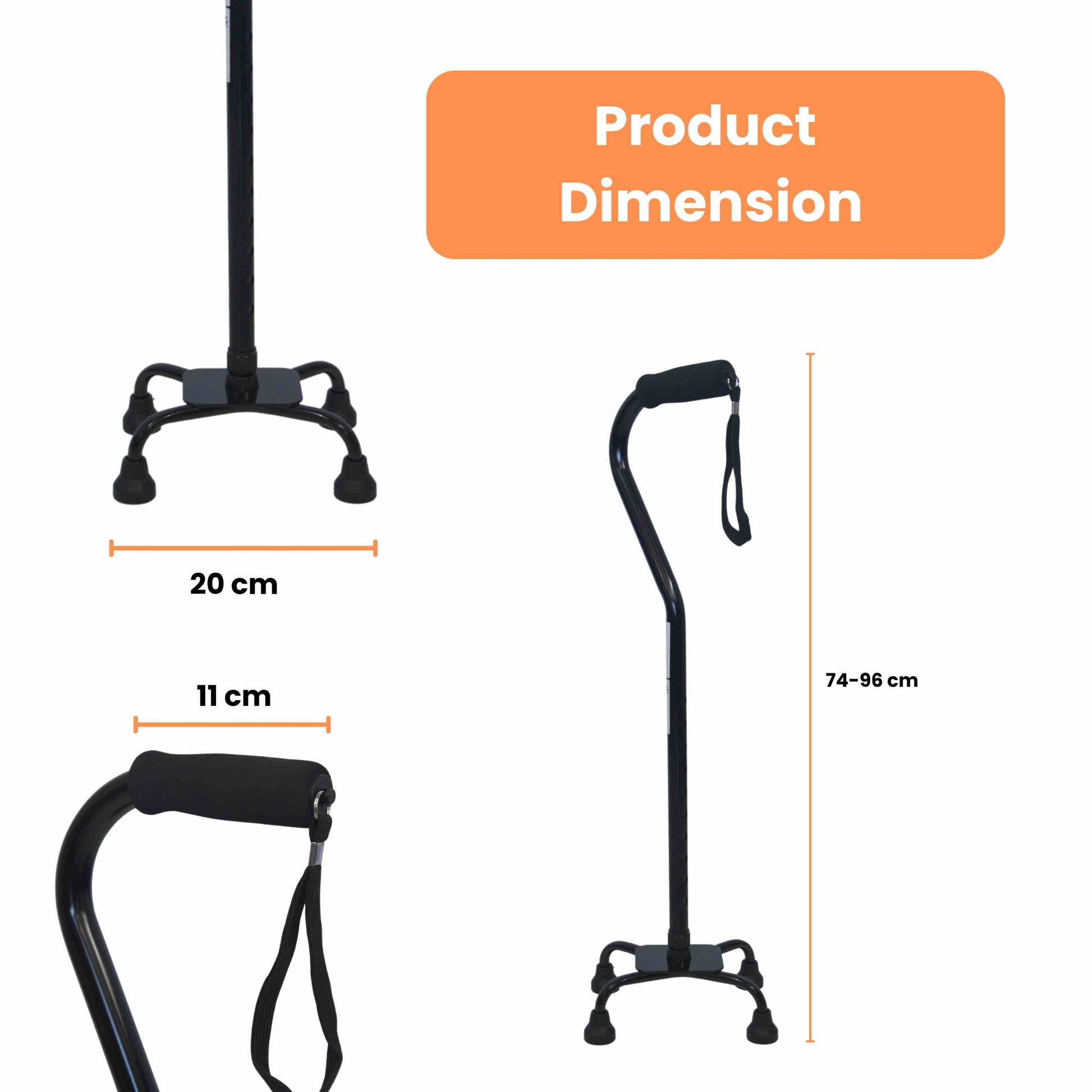 Quad baed swan neck black cane with dimensions on a white background
