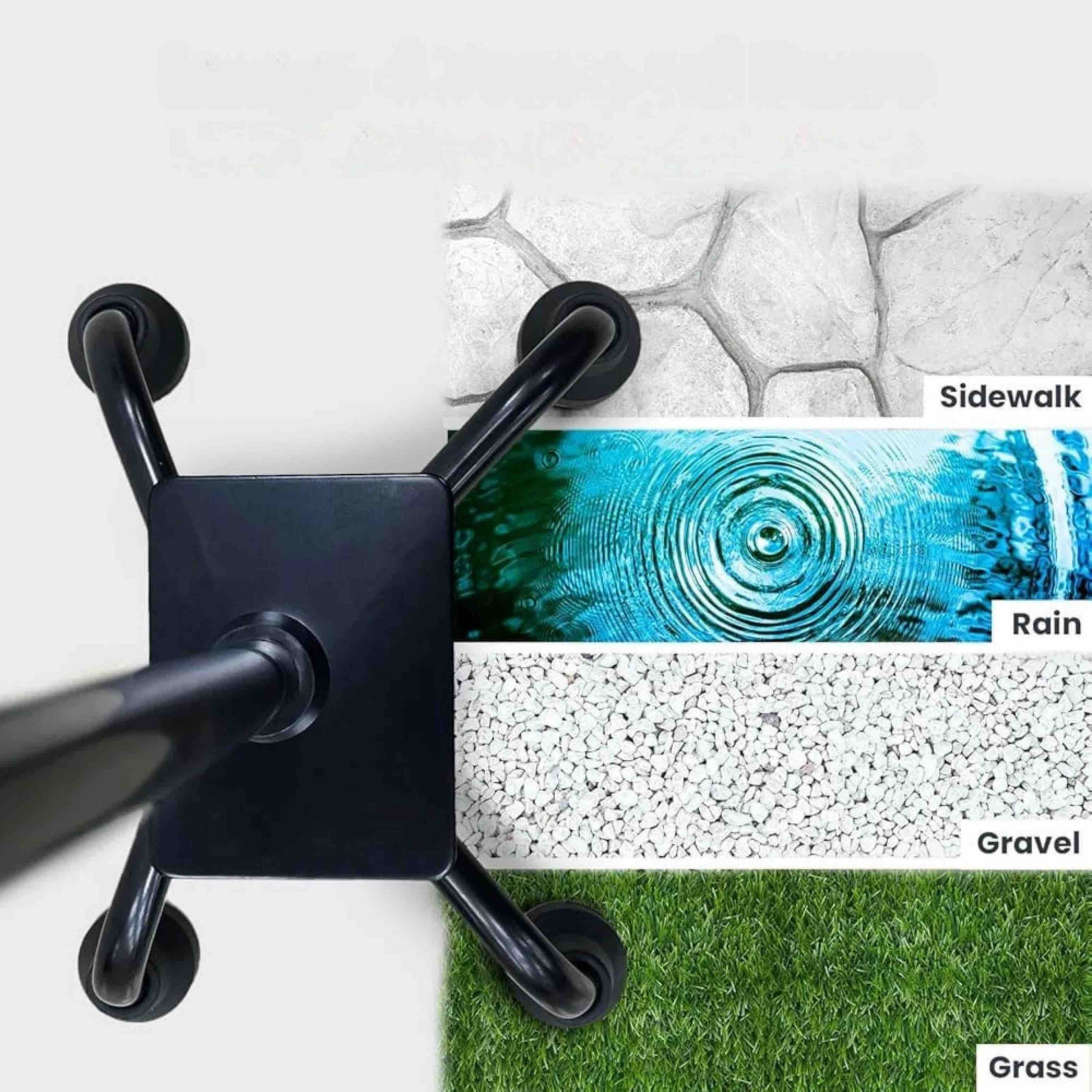 Quad based black metal cane with different walking terrains on a white background
