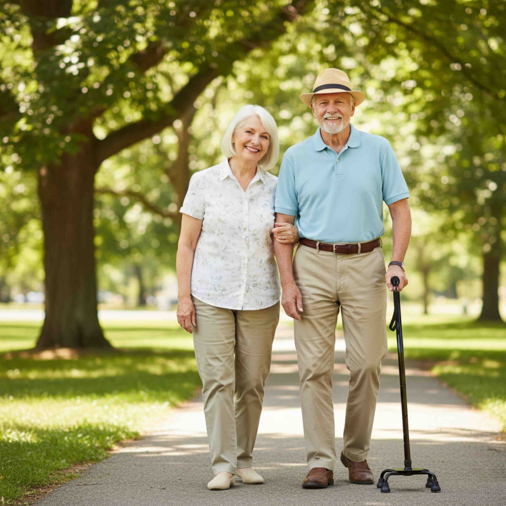 Senior couple walking together in a park with trees and greenery with quad based walking stick