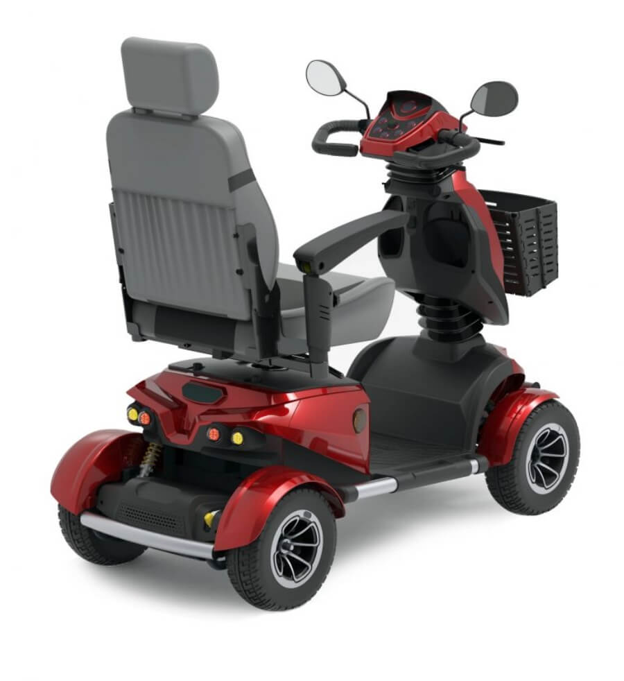 A red and black Top Gun Avenger mobility scooter with a high-back captain's seat, front basket, and a digital display, on a white background from Adaptive Equipment (Image 2).