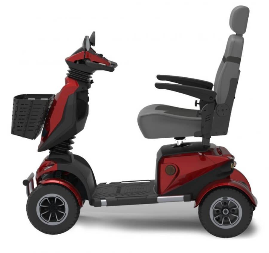 A red and black Top Gun Avenger mobility scooter with a high-back captain's seat, front basket, and a digital display, on a white background from Adaptive Equipment (Image 3).