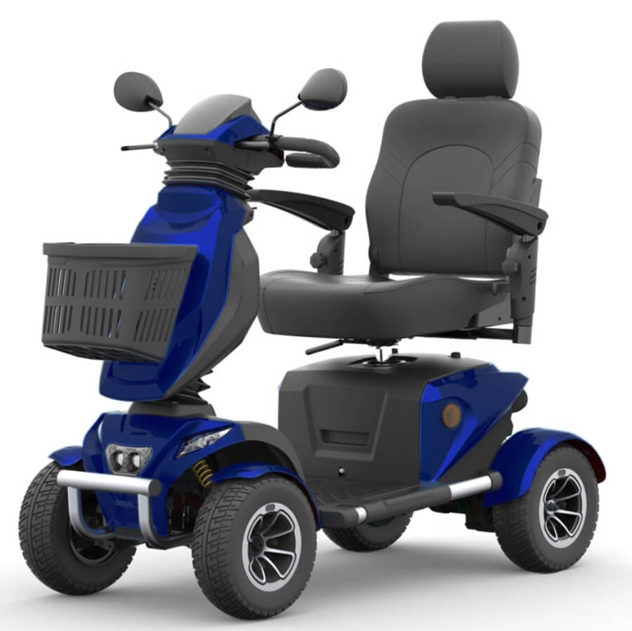 A red and black Top Gun Avenger mobility scooter with a high-back captain's seat, front basket, and a digital display, on a white background from Adaptive Equipment (Image 4).