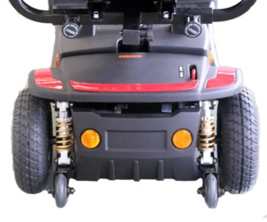 A black and red mobility scooter with a plush seat, front basket, and LED headlights, designed for ease of transportability and comfort from Adaptive Equipment (Image 3).