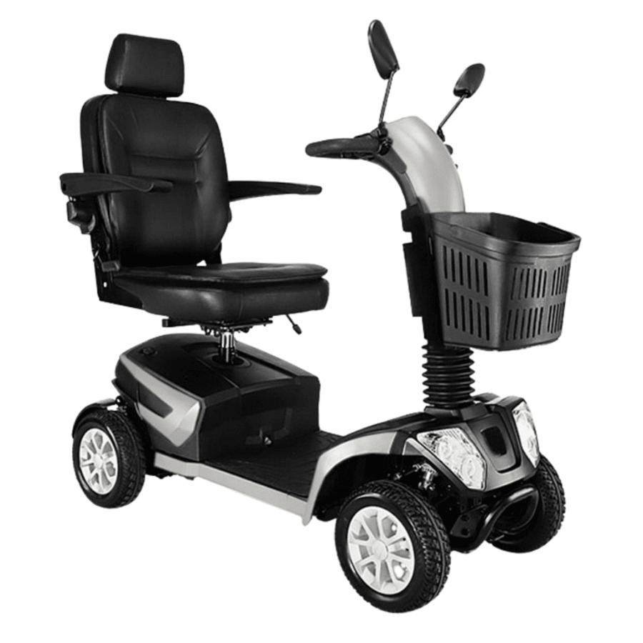 A black and silver Daytona mobility scooter with a captain's seat, front basket, and enclosed wheel design, on a white background from Adaptive Equipment (Image 1).