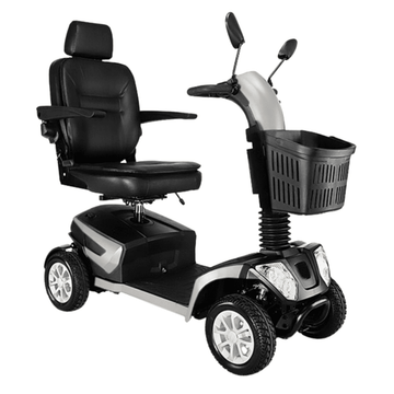 A black and silver Daytona mobility scooter with a captain's seat, front basket, and enclosed wheel design, on a white background from Adaptive Equipment (Image 1).