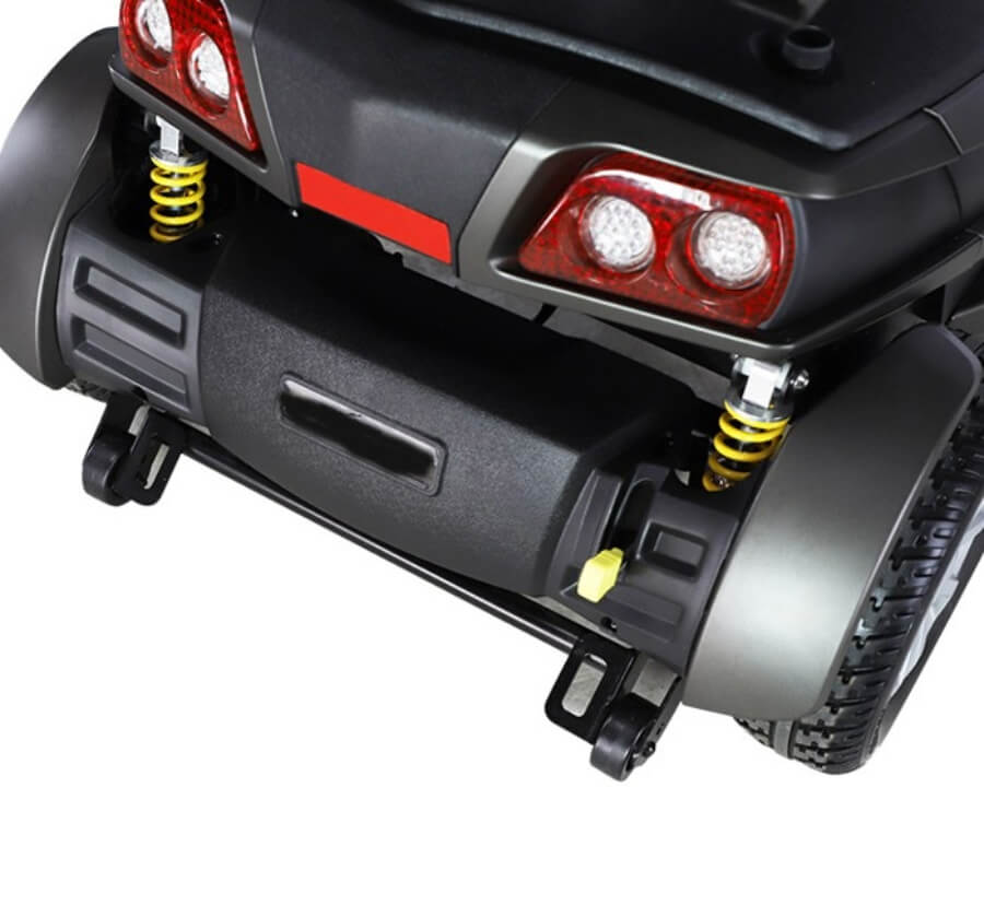 A black and silver Daytona mobility scooter with a captain's seat, front basket, and enclosed wheel design, on a white background from Adaptive Equipment (Image 2).