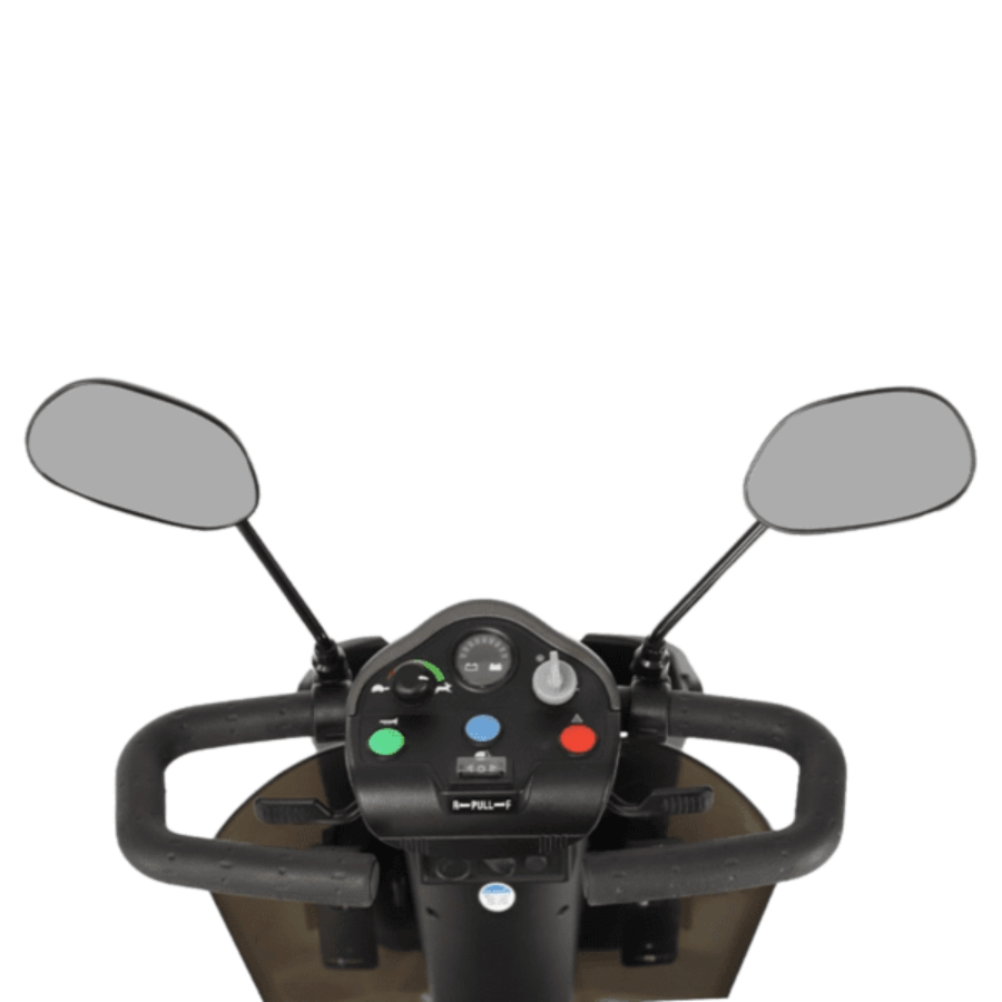 A black and silver Daytona mobility scooter with a captain's seat, front basket, and enclosed wheel design, on a white background from Adaptive Equipment (Image 4).