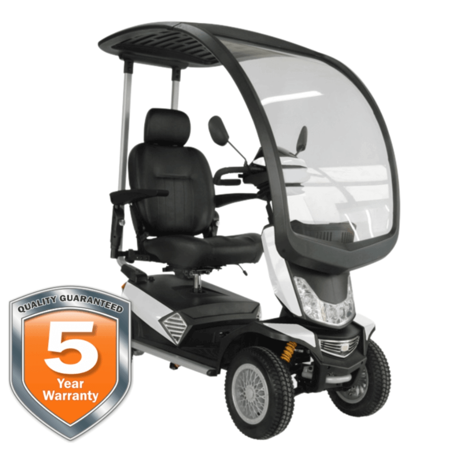 A high-performance mobility scooter with a black and white color scheme, featuring a clear weather canopy, a comfortable seat, and a shock-absorbing flexi tiller. It also shows off-road capabilities with front and rear suspension and left and right rear mirrors from Adaptive Equipment (Image 1).