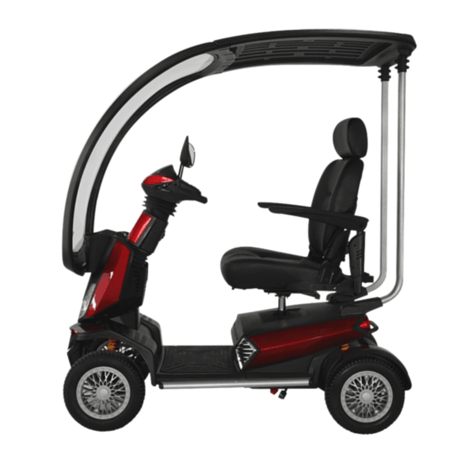A high-performance mobility scooter with a black and white color scheme, featuring a clear weather canopy, a comfortable seat, and a shock-absorbing flexi tiller. It also shows off-road capabilities with front and rear suspension and left and right rear mirrors from Adaptive Equipment (Image 2).